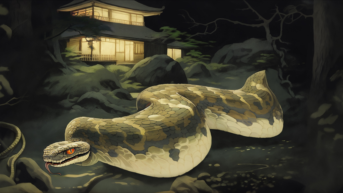 Tsuchinoko seen with its snake appearance but wider in the middle than at the head or tail.