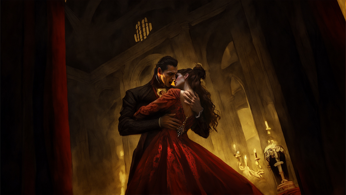 A vampire as a rich nobleman embraces a women in a red dress.