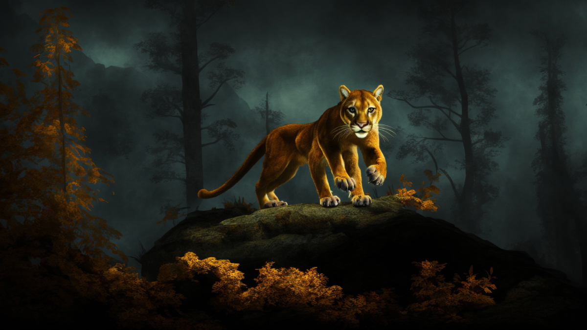 The wampus cat is a tan colored big cat seen here prowling in a forest clearing