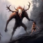 A wendigo with furry hide and a huge skull-like face with large antlers chases some humans in a forest.
