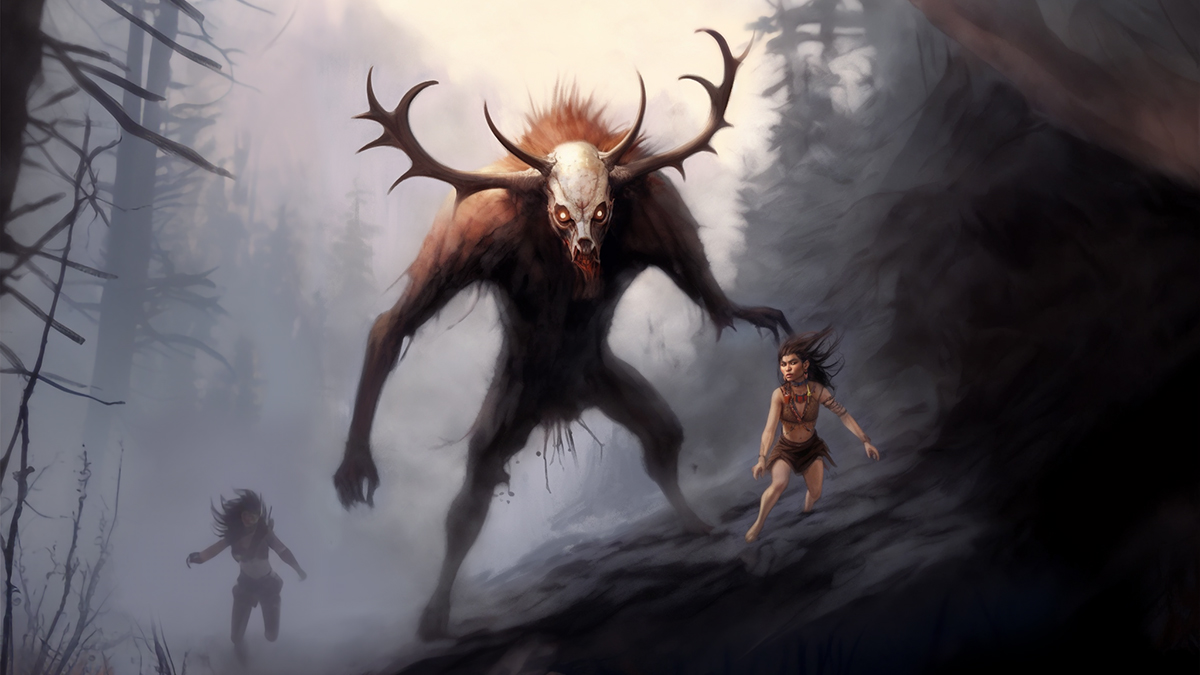 A wendigo with furry hide and a huge skull-like face with large antlers chases some humans in a forest.