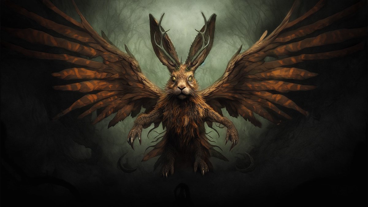 The Wolpertinger looking like a winged hare or rabbit. Its tawny wings outstretched against a dark background.