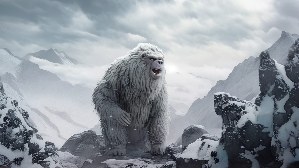 A yeti with its massive hairy white body stand in the high mountains.