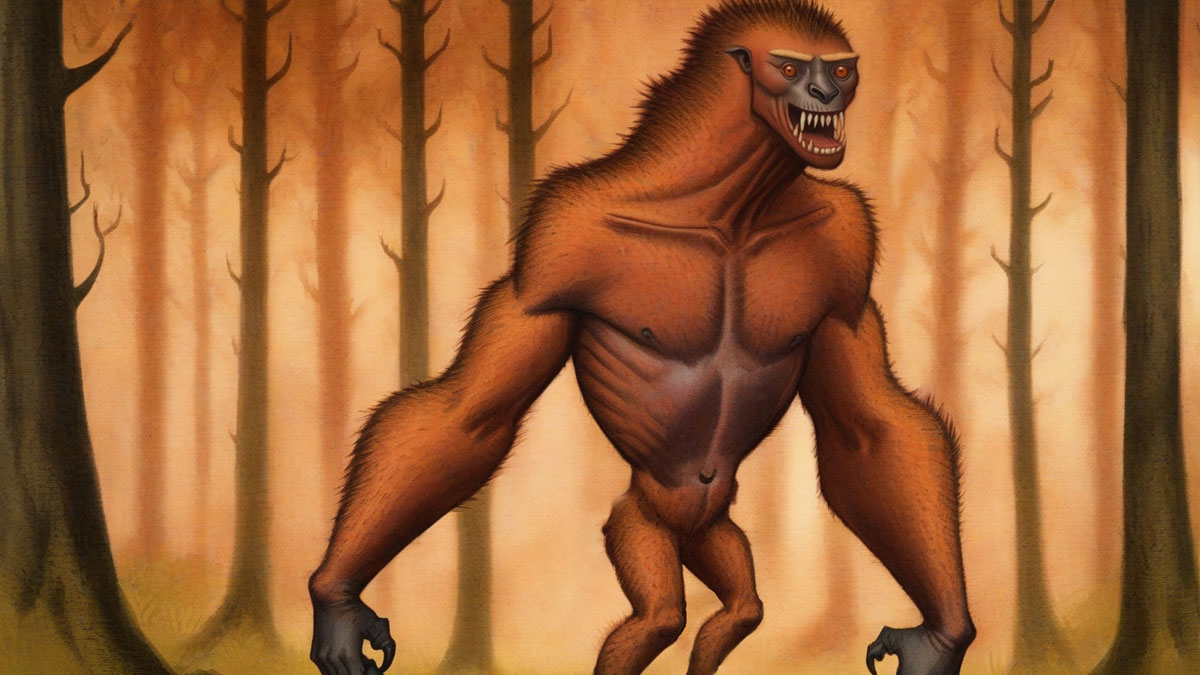 The Agogwe is a large ape-like creature with tan skin and is pictured in a forest of leafless trees.