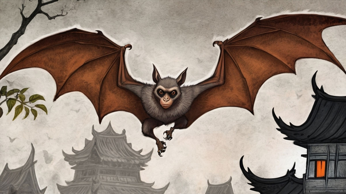 Ahoy bat like creature with brown wings flying through the night with asian styled buildings in the background