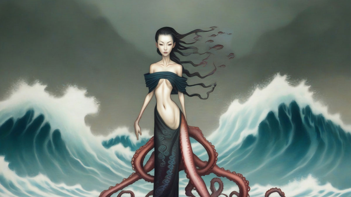 The Akkorokamui seen here as a pale woman with tentacles standing in a raging sea