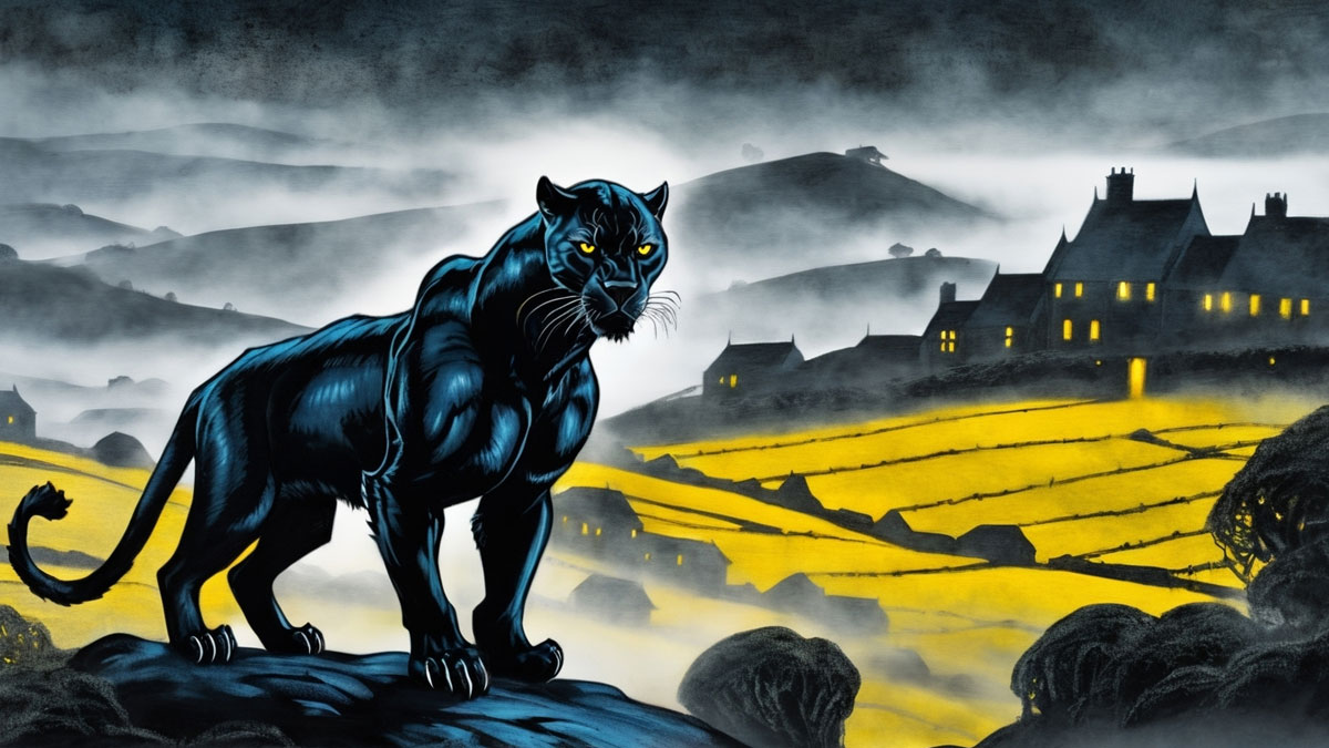 Beast of Bodmin Moor seen as a black panther on a foggy night with fields and village on the moor in the background