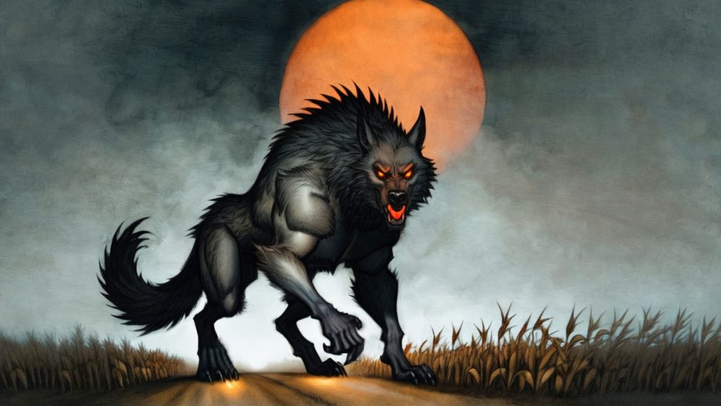 The Beast of Bray Road with dark fur and glowing eyes prowls against a blood moon