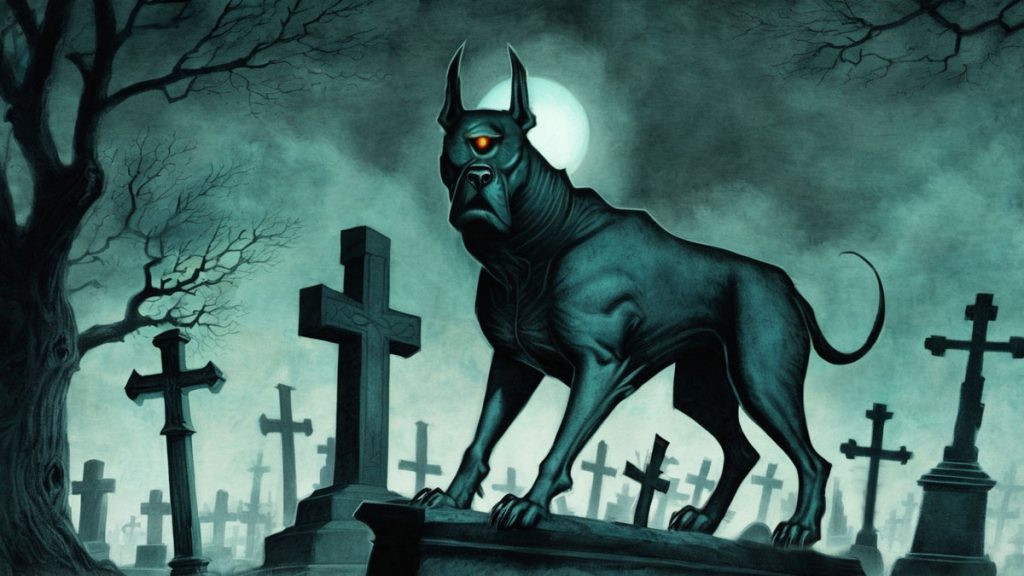 Large black demon like dog in a graveyard at night