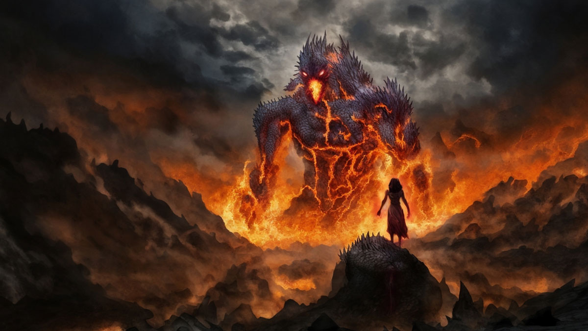 The Cherufe as a looming and giant lava humanoid creature.