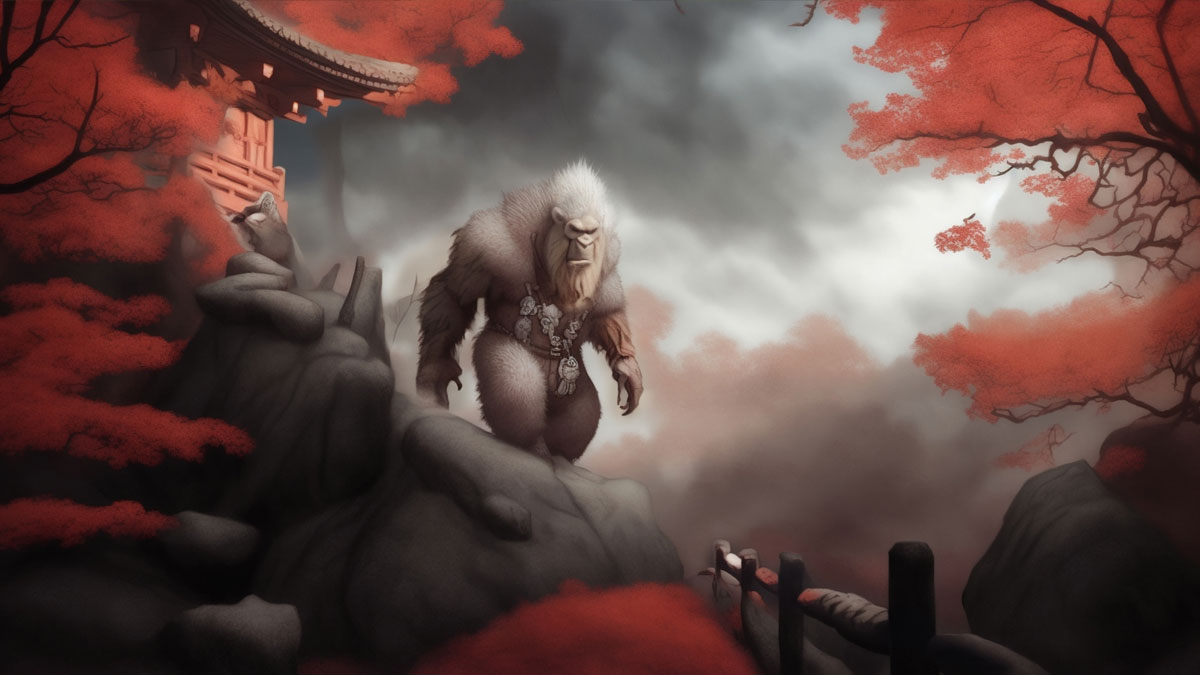 The Hibagon, seen here as large white furred ape-like creature walking through a oriental mountain scene in autumn.