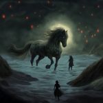 The kelpie in the form of a huge horse able to run across the ocean. Seen here at night trying to lure a human on to its back.