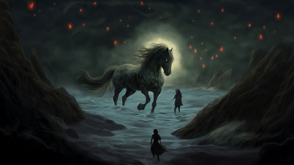 The kelpie in the form of a huge horse able to run across the ocean. Seen here at night trying to lure a human on to its back.