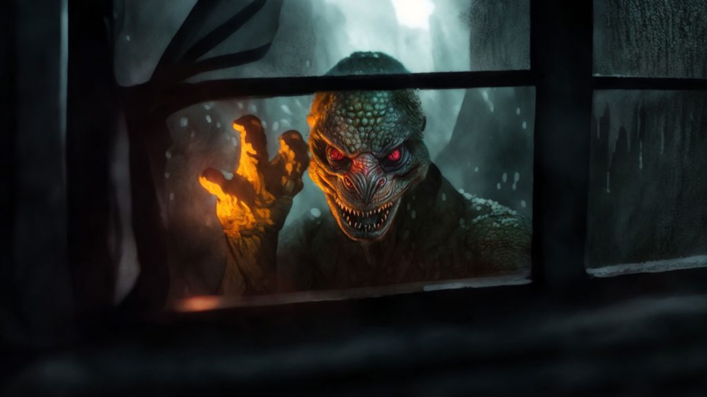 The Lizard Man of Scape Ore Swamp stares through a window with red eyes