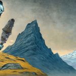 a blue-skinned Maero overlooks a mountain range