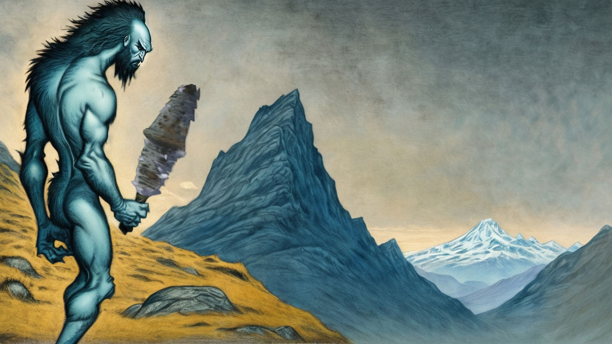 a blue-skinned Maero overlooks a mountain range