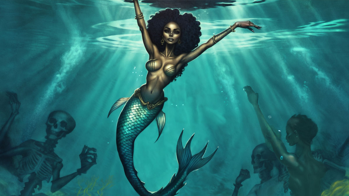 Mamlambo under the sea a mermaid type creature with a woman's upper body and a fish tail.