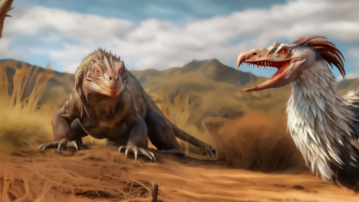 A Megalania lizard seen stalking a large flightless bird in an arid environment