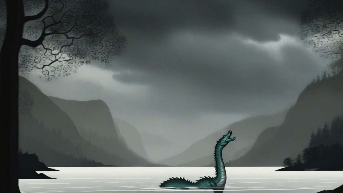The mussie seen here as a serpentine lake monster rearing out of a forboding lake
