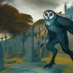 The Owlman seen with his humanoid body and owl head and wings, here prowling a graveyard.