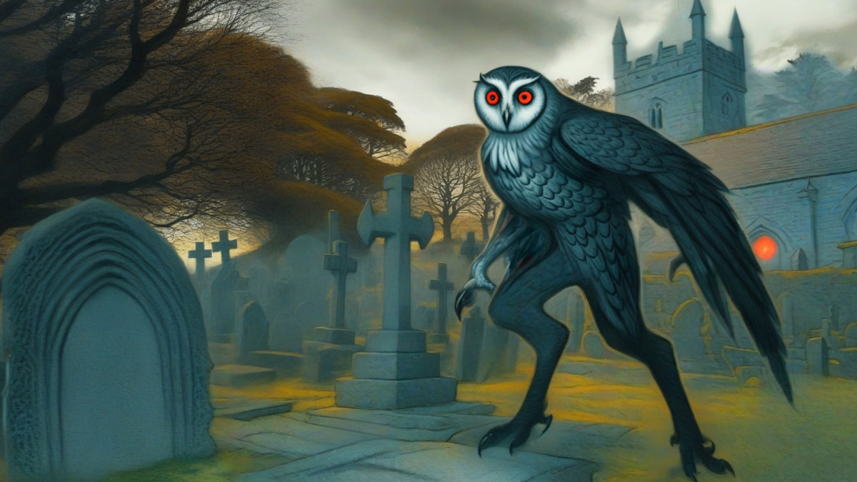 The Owlman seen with his humanoid body and owl head and wings, here prowling a graveyard.