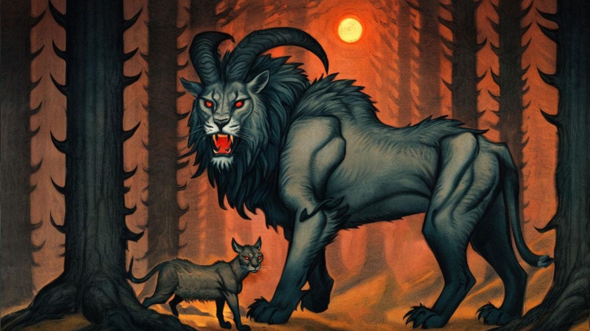The Ozark Howler with a lion-like body and a goat-like head is seen in a forest with a red sunset in the mist