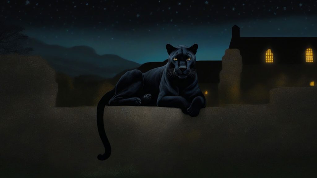 A Phantom cat seen lounging on a wall in a village at night.