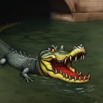 A sewer alligator seen with its jaw open near the entrance to a sewer system.