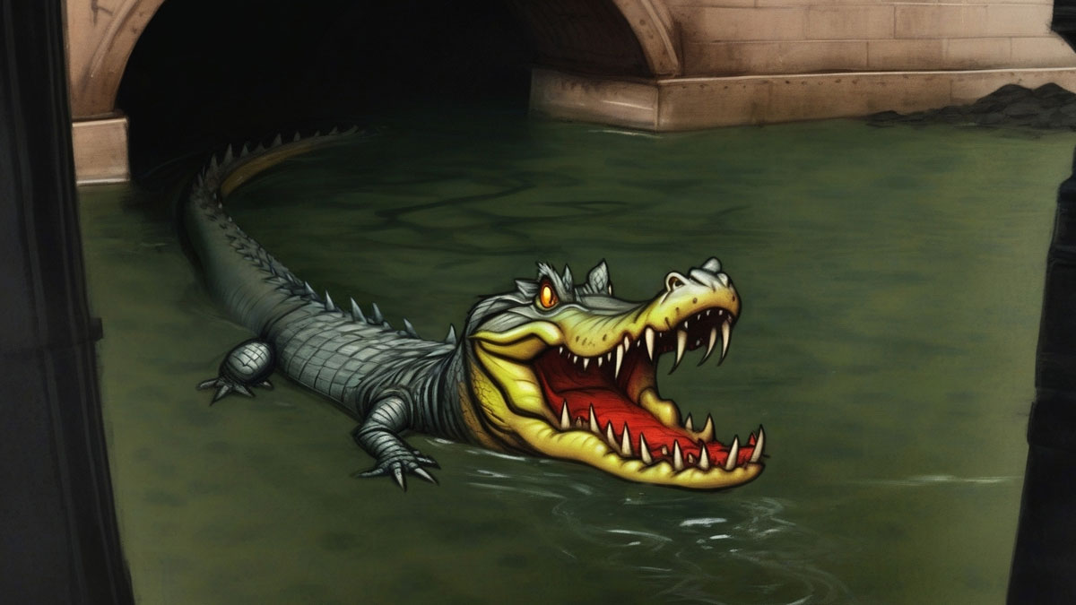 A sewer alligator seen with its jaw open near the entrance to a sewer system.