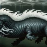 Storsjöodjuret seen swimming in some murky water. With its whiskets, blue-grey skin and a white mane running the length of its body.