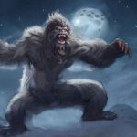 A Yeren as a large hairy ape, white in colour against a snowy backdrop.