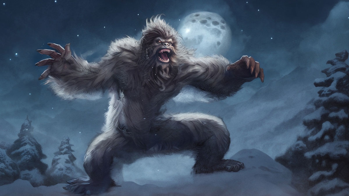 A Yeren as a large hairy ape, white in colour against a snowy backdrop.