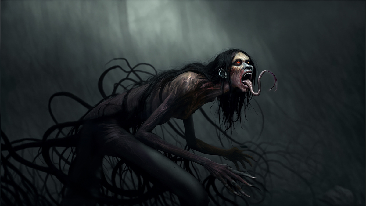 This Aswang is show as half woman and half nightmare creature with a long tongue and sharp teeth.