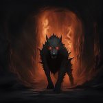 Hellhound with spiky fur and red glowing eyes stalks through a smouldering gateway.