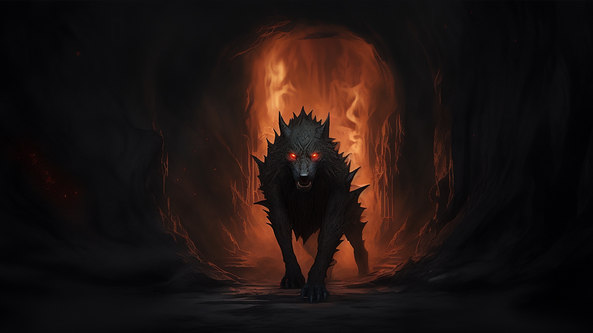 Hellhound with spiky fur and red glowing eyes stalks through a smouldering gateway.