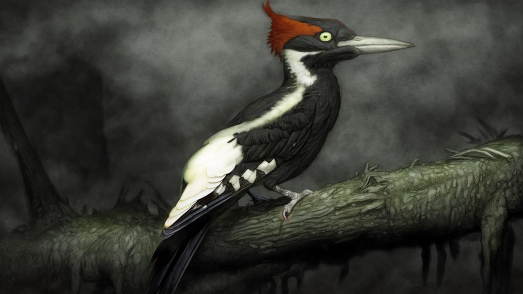 The Ivory-billed woodpecker seen with its red crest and black and white plumage.