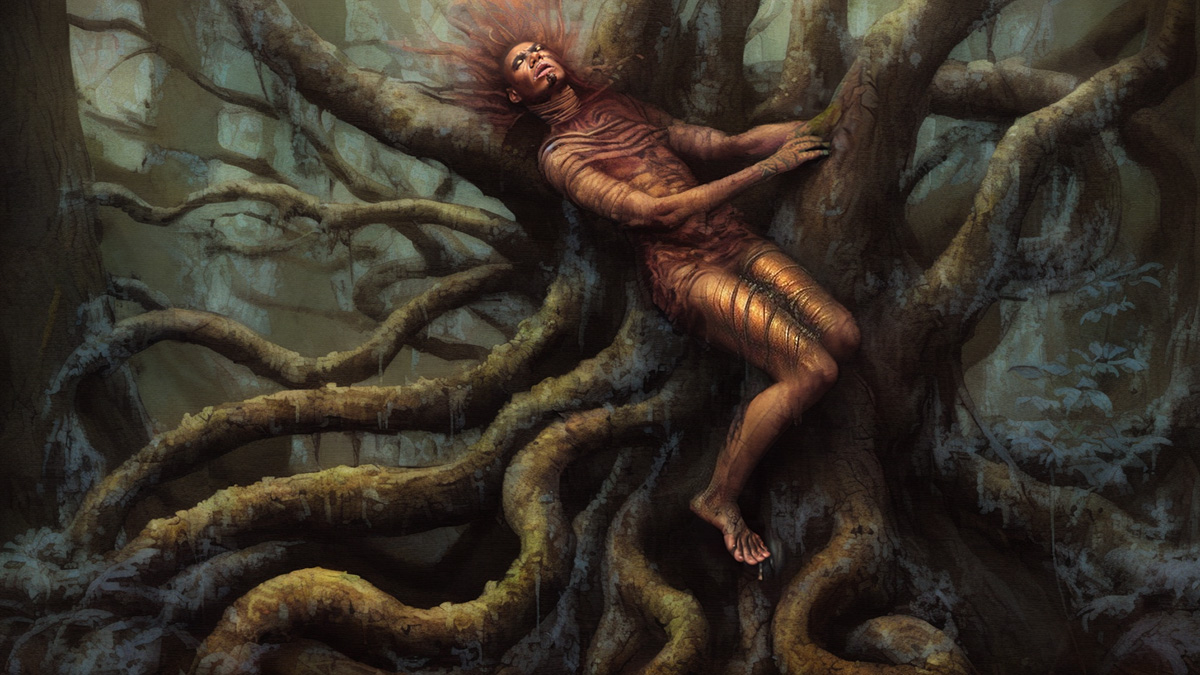 A man-eating tree seen here with a man trapped in its snake like branches