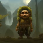 A Menehune seen standing in the jungle, small in size with a large head.