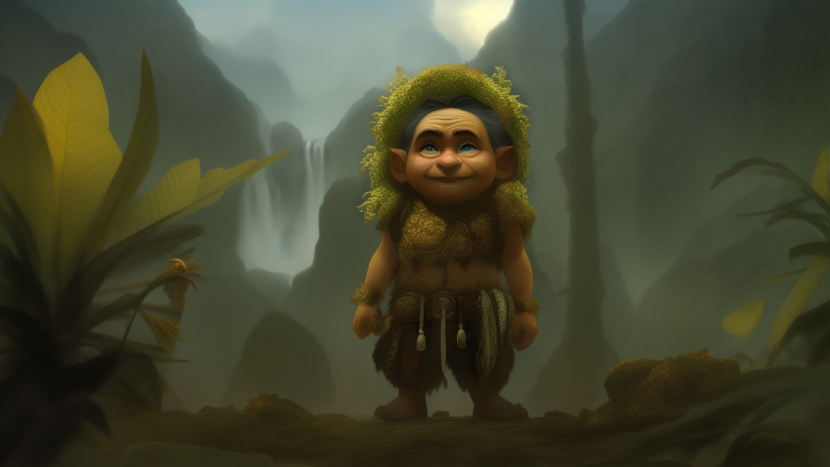 A Menehune seen standing in the jungle, small in size with a large head.