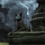 The Mitla seen in some ruins at night. A cat-like creature with black or grey fur