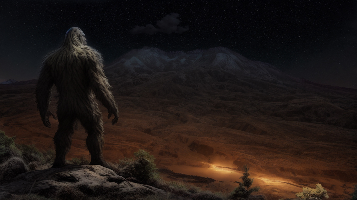 A skookum stands in a wilderness at night, it looks a bit like Bigfoot