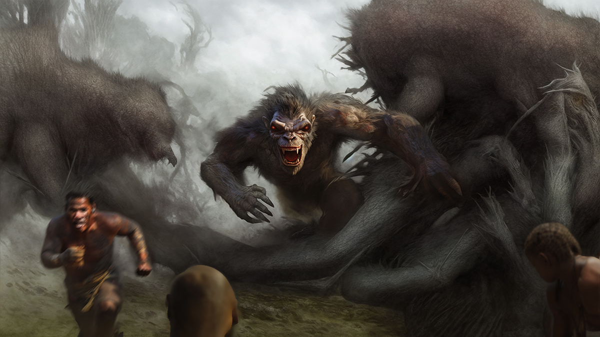 a terrifying Yowie chases a man through a wood.