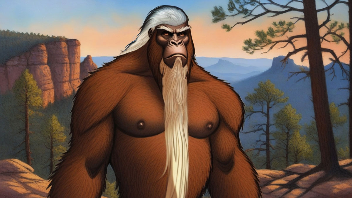 The Mogollon Monster seen here as a very large humanoid/ape hybrid in a mountain scene