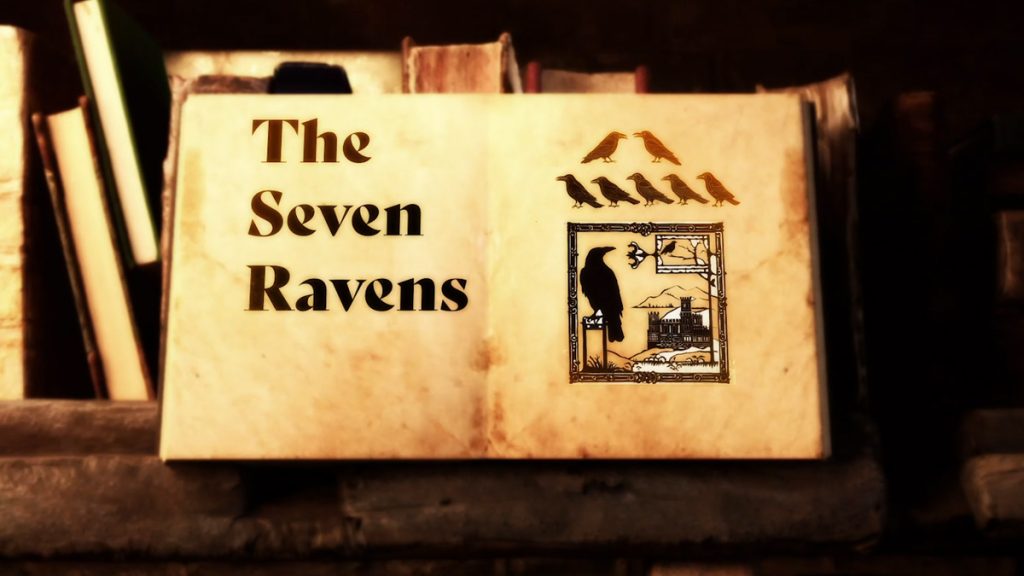 the Seven Ravens title on an old book with some ravens drawn in ink