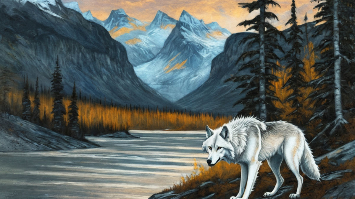 Waheela seen as a white wolf-like creature at the edge of a mountain lake with pines in the distance.