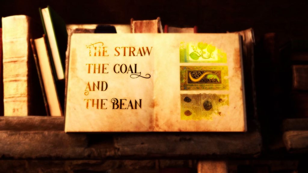 A book showing the title of the fairy tale The Straw, the Coal, and the Bean