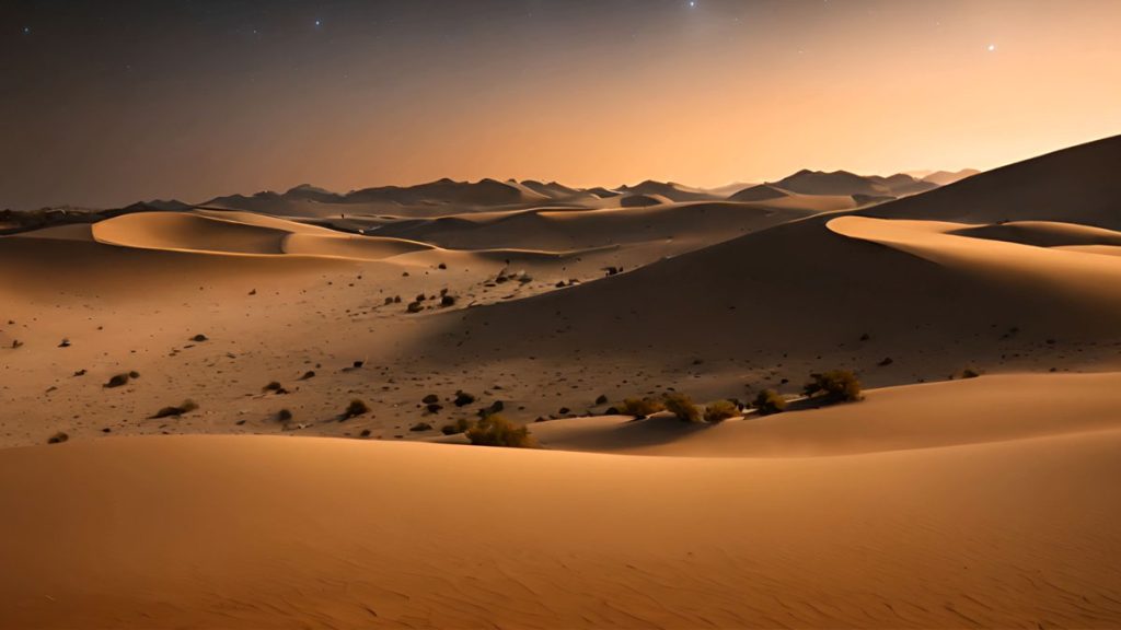 a desert seen at night with dunes stretching into the darkness. Ghouls are often said to inhabit the desert. 