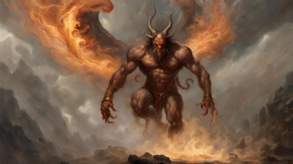 An ifrit as a muscular demonic figure with flaming wings