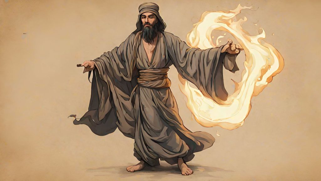 A jinn dressed in arabic clothing with fire wheeling round his hand
