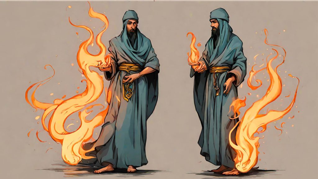 Two images showing a male jinn surrounded by smokeless fire
